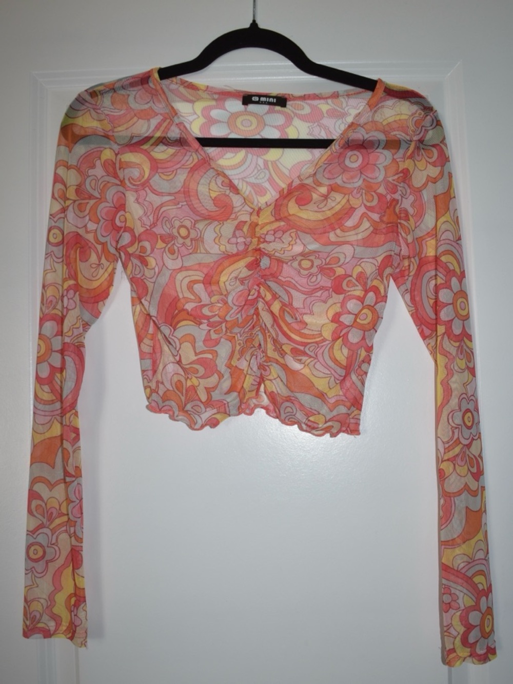 Y2K Mesh Ruched Floral Long Sleeve Top - Pink/Orange Paisley 70’s Inspired sizeM